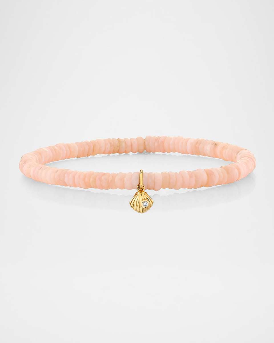 14K Tiny Clam Shell Diamond Charm on Pink Opal Bracelet